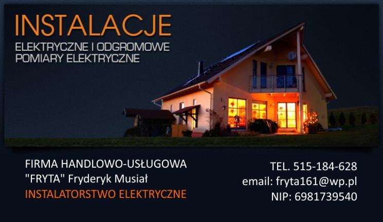 Reklama firmy instalującej instalacje elektryczne i odgromowe, z ilustracją oświetlonego domu w nocy i danymi kontaktowymi.