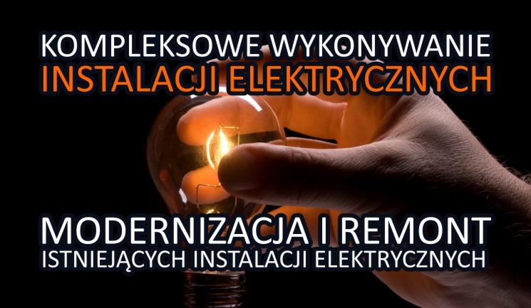 Grafika z dłonią trzymającą żarówkę, napisy: kompleksowe wykonywanie instalacji elektrycznych, modernizacja i remont istniejących instalacji elektrycznych.