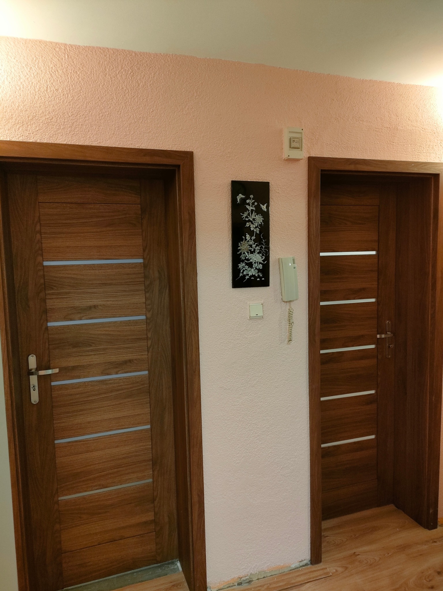 Dwa brązowe drzwi wewnętrzne z poziomymi, srebrnymi wstawkami na tle różowej ściany z fakturą, pomiędzy nimi domofon i czarna dekoracja ścienna z motywem kwiatowym.