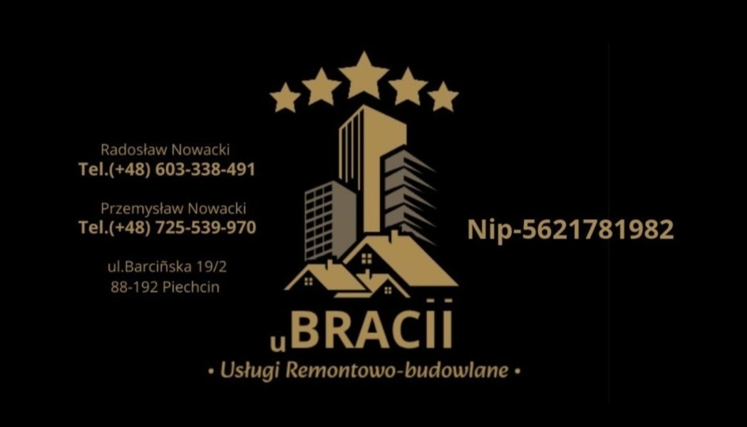 Eleganckie logo firmy 'u BRACII' na czarnym tle, z motywem budynków i gwiazd. Zawiera dane kontaktowe i NIP. Usługi remontowo-budowlane.