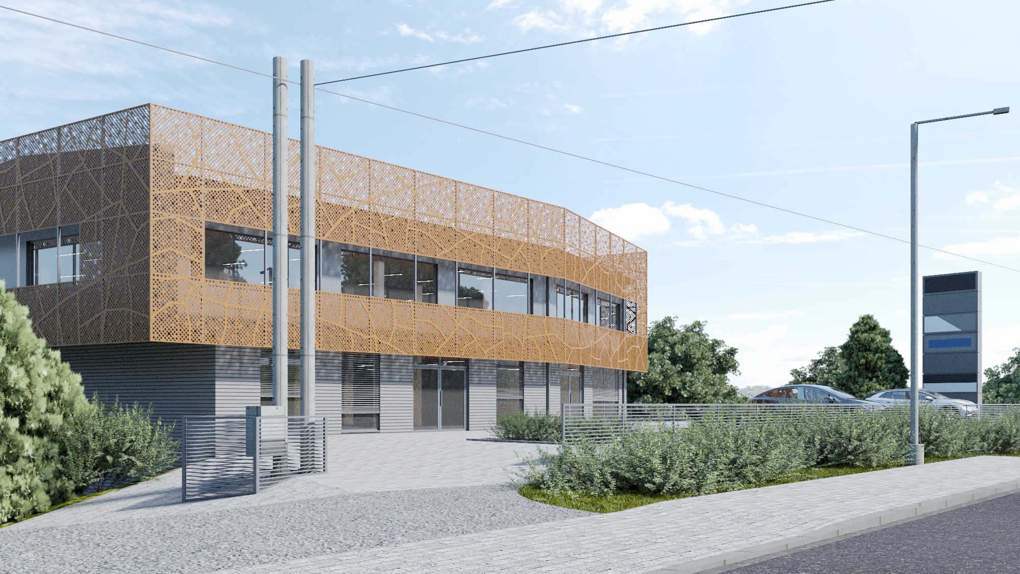 Wizualizacja budynku usługowego z ażurową elewacją w kolorze miodowym, widok z zewnątrz, z zaparkowanymi samochodami w tle.