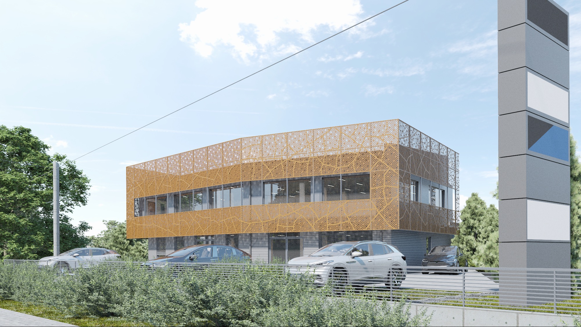 Wizualizacja dwukondygnacyjnego budynku usługowego z ażurową elewacją w kolorze miodowym, widok z poziomu parkingu z zaparkowanymi samochodami i słupem reklamowym.