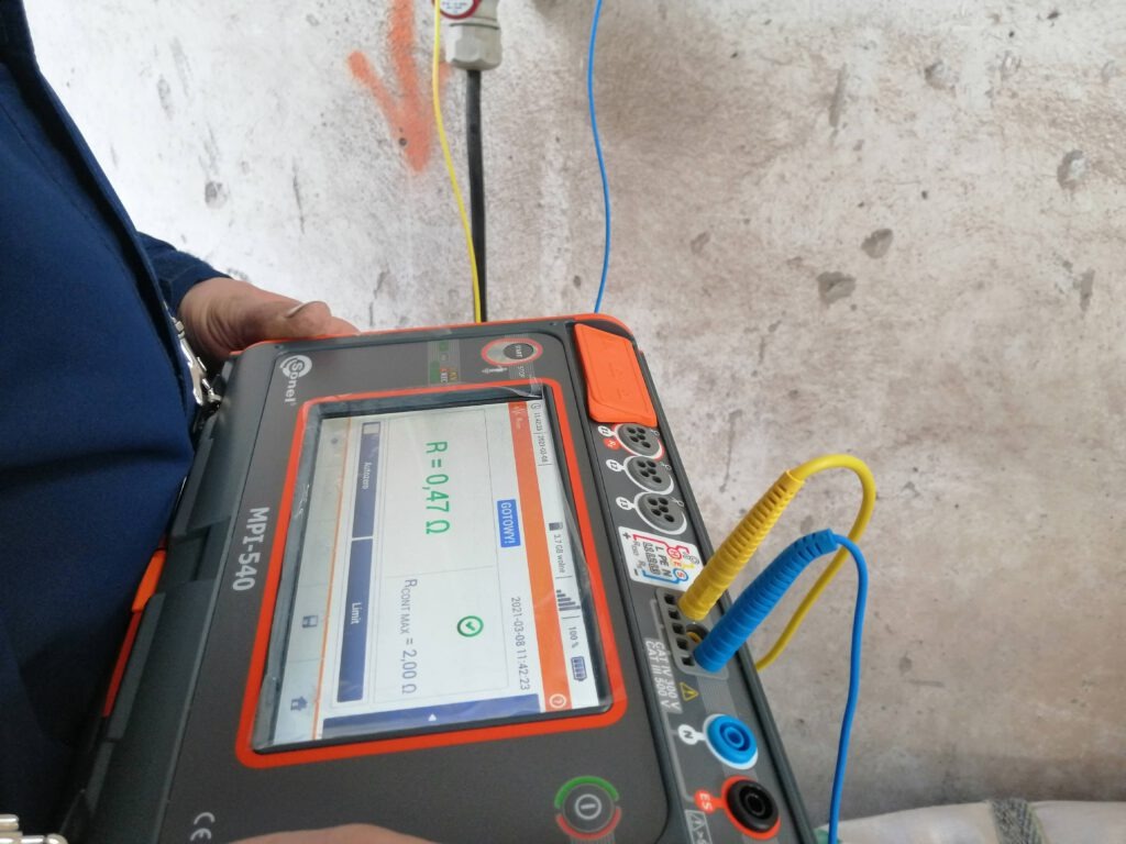 Miernik Sonel MPI-540 w dłoni, wyświetlający wynik pomiaru rezystancji uziemienia (R=0,47Ω), z podłączonymi przewodami pomiarowymi na tle surowej ściany.
