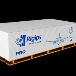 MARCIN NOWAKOWSKI MORA - Paczka białych płyt gipsowo-kartonowych Rigips Pro Typ A na drewnianej palecie, widoczne logo i rysunek samolotu.