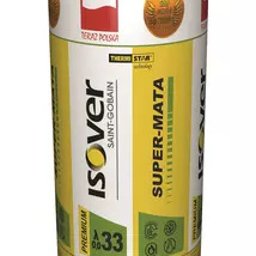 MARCIN NOWAKOWSKI MORA - Rolka izolacji termicznej Isover Super-Mata na białym tle, widoczne oznaczenia producenta i parametry techniczne.
