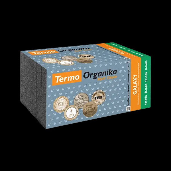 Paczka płyt izolacyjnych Termo Organika Galaxy Fasada z widocznymi certyfikatami jakości na opakowaniu.