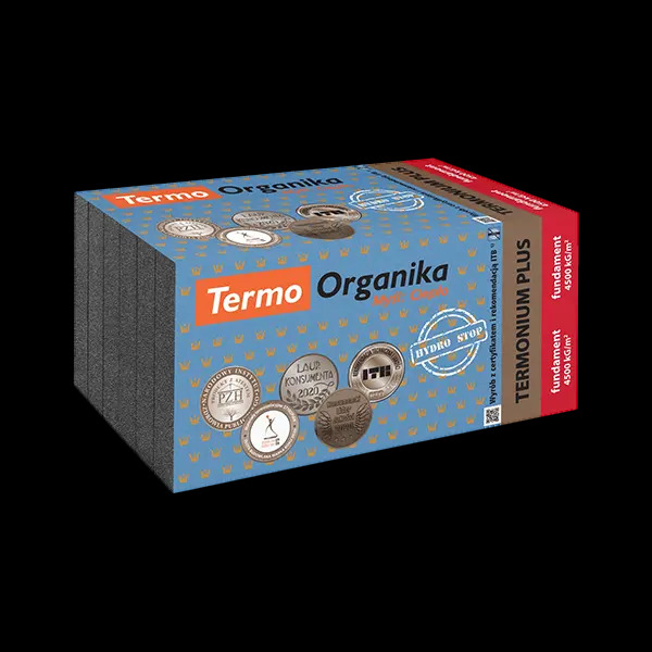Paczka szarego materiału izolacyjnego Termo Organika Termonium Plus z oznaczeniami jakości i certyfikatami, przeznaczona na fundamenty.