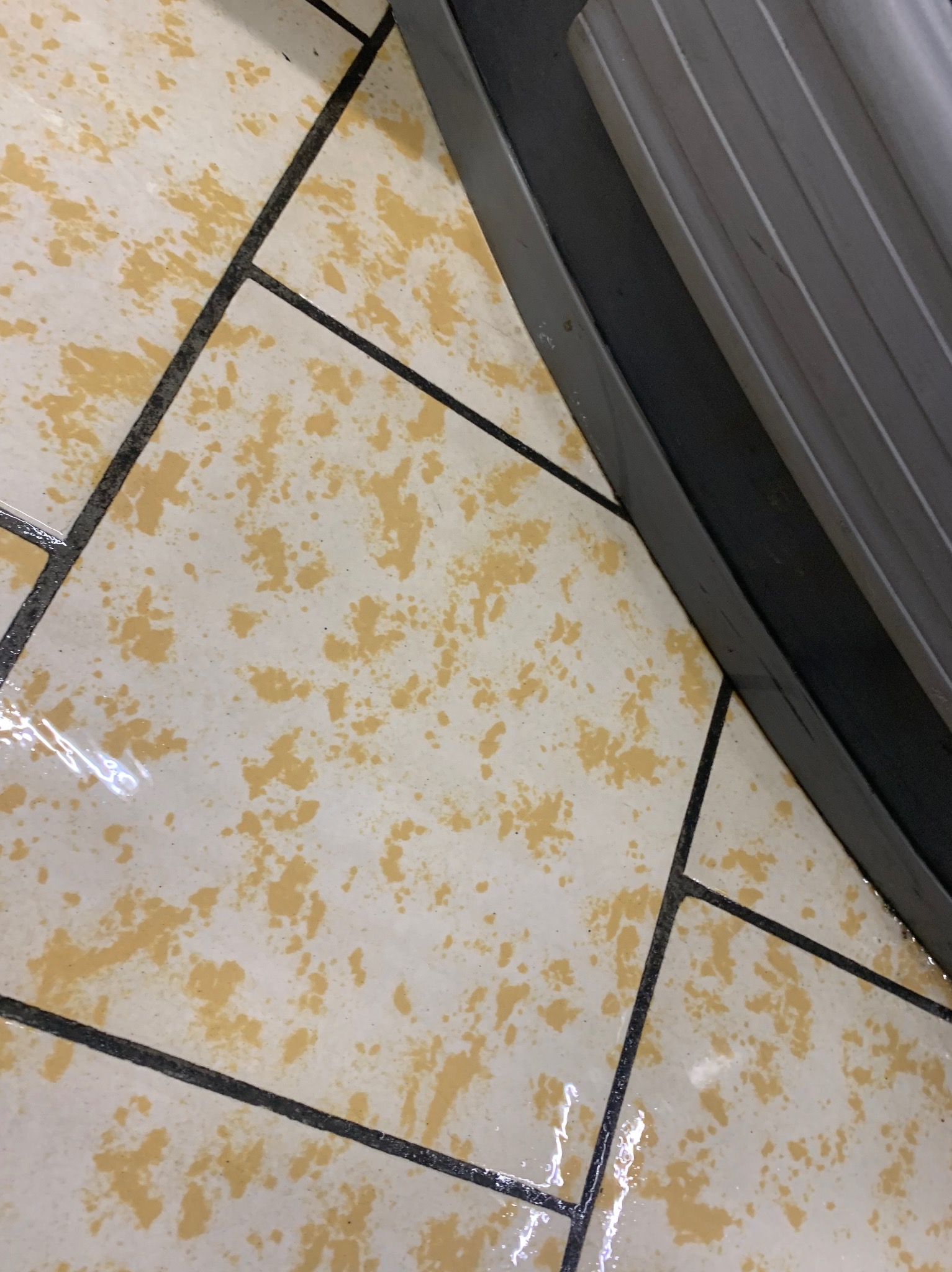 Błyszcząca, mokra podłoga z płytek w odcieniach bieli i beżu, z ciemnymi fugami, po umyciu. Fragment progu widoczny w prawym górnym rogu.