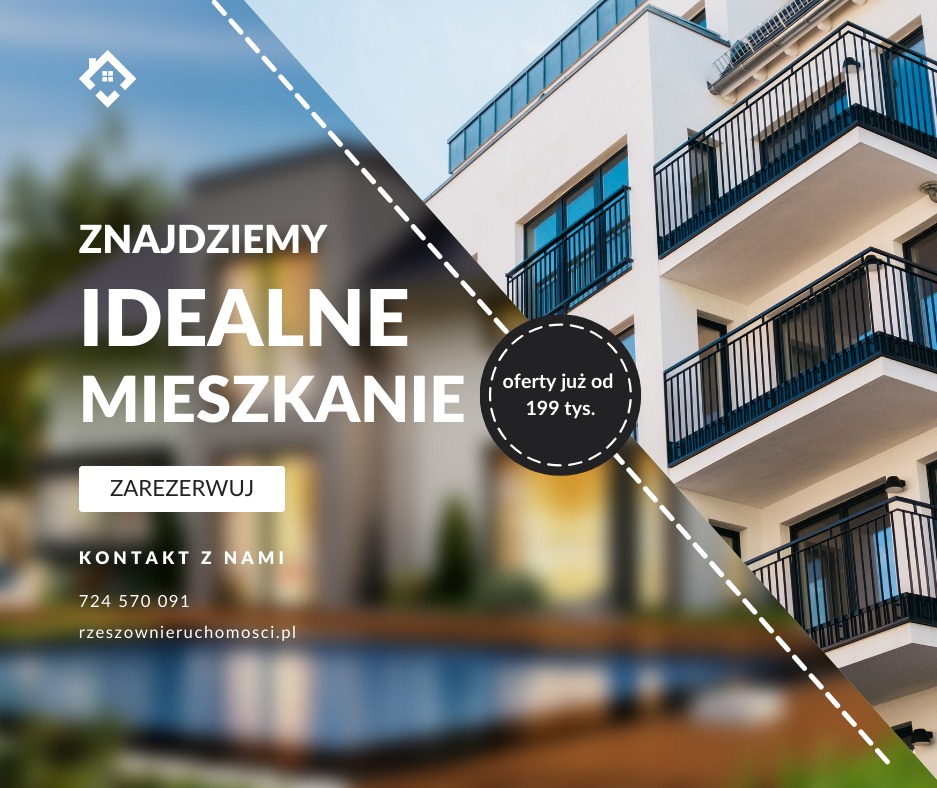 Nowoczesny budynek apartamentowy z balkonami, promocyjna grafika z tekstem 'Znajdziemy idealne mieszkanie, oferty już od 199 tys.' i danymi kontaktowymi.