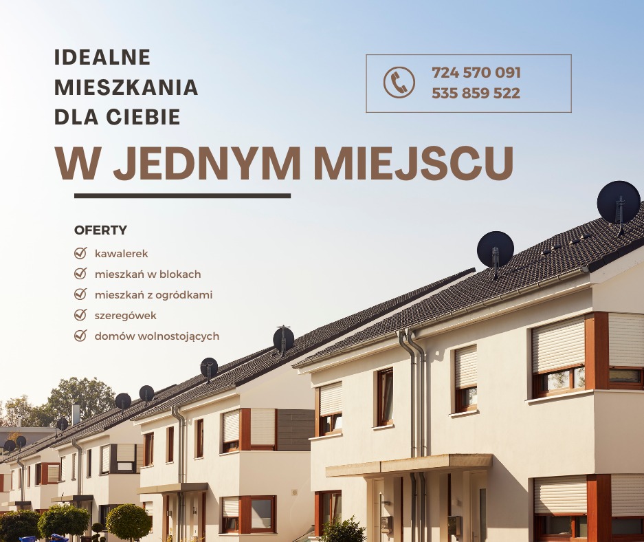 Reklama szeregu nowych domów w Rzeszowie z antenami satelitarnymi na dachu, oferujących kawalerki, mieszkania w blokach, z ogródkami i domy wolnostojące.