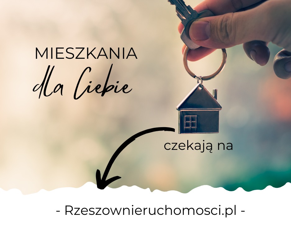 Brelok w kształcie domu zawieszony na kluczach trzymanych w dłoni, napis 'Mieszkania dla Ciebie czekają na' i adres strony internetowej Rzeszownieruchomosci.pl