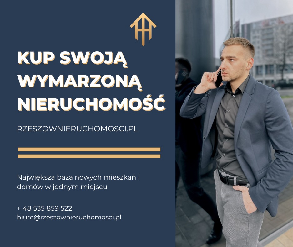 Mężczyzna w garniturze rozmawia przez telefon na tle biurowca, obok tekst reklamowy 'Kup swoją wymarzoną nieruchomość' i adres strony rzeszownieruchomosci.pl
