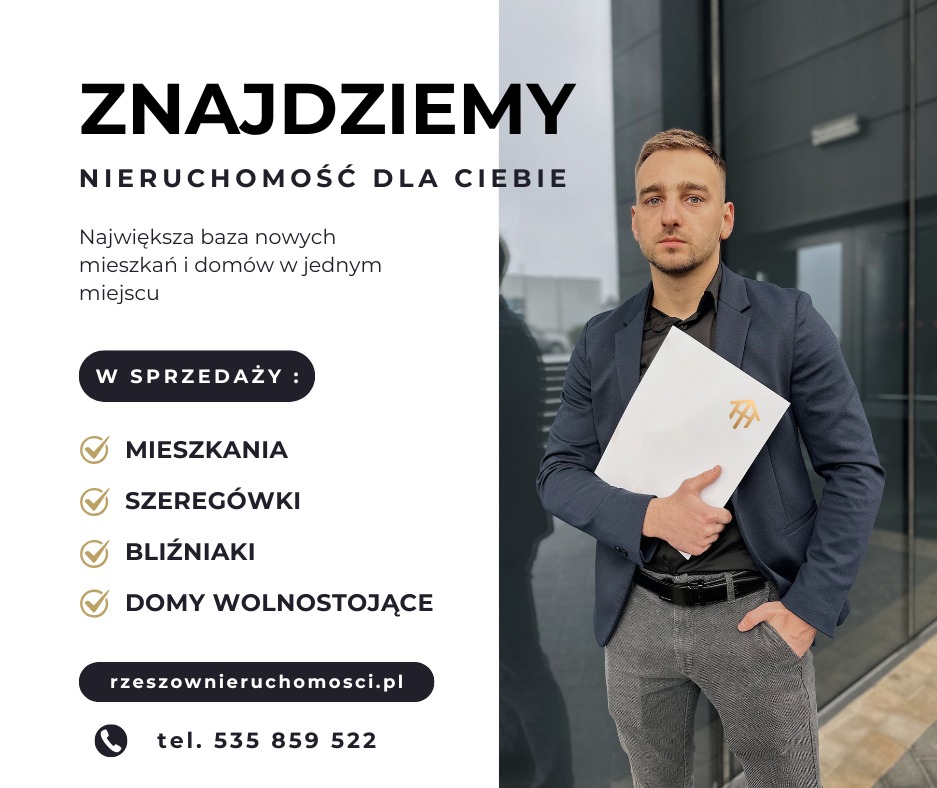 Mężczyzna w marynarce trzymający białe dokumenty z logo nieruchomości na tle biurowca, obok reklama z napisem 'Znajdziemy nieruchomość dla Ciebie' i listą dostępnych mieszkań, szeregówek...