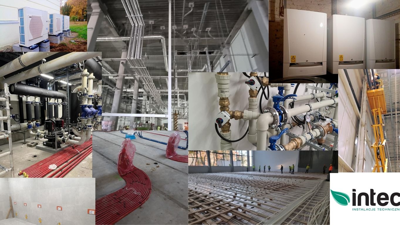 Kolaż zdjęć z różnych etapów instalacji technicznych: pompy ciepła, rury, kotły, instalacje podłogowe i sufitowe, z logo firmy Intec w prawym dolnym rogu.