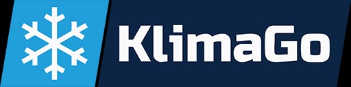 Logo firmy KlimaGo z symbolem śnieżynki po lewej stronie, nazwa firmy w kolorze białym na granatowym tle.