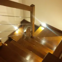 Widok z góry na ciemne, lakierowane stopnie z drewna z metalową balustradą, oświetlone punktowo, z dekoracjami w niszach ściennych w tle.