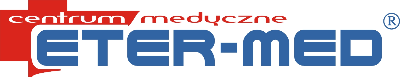 Logo Centrum Medyczne ETER-MED z czerwonym krzyżem i niebieskim napisem na białym tle.