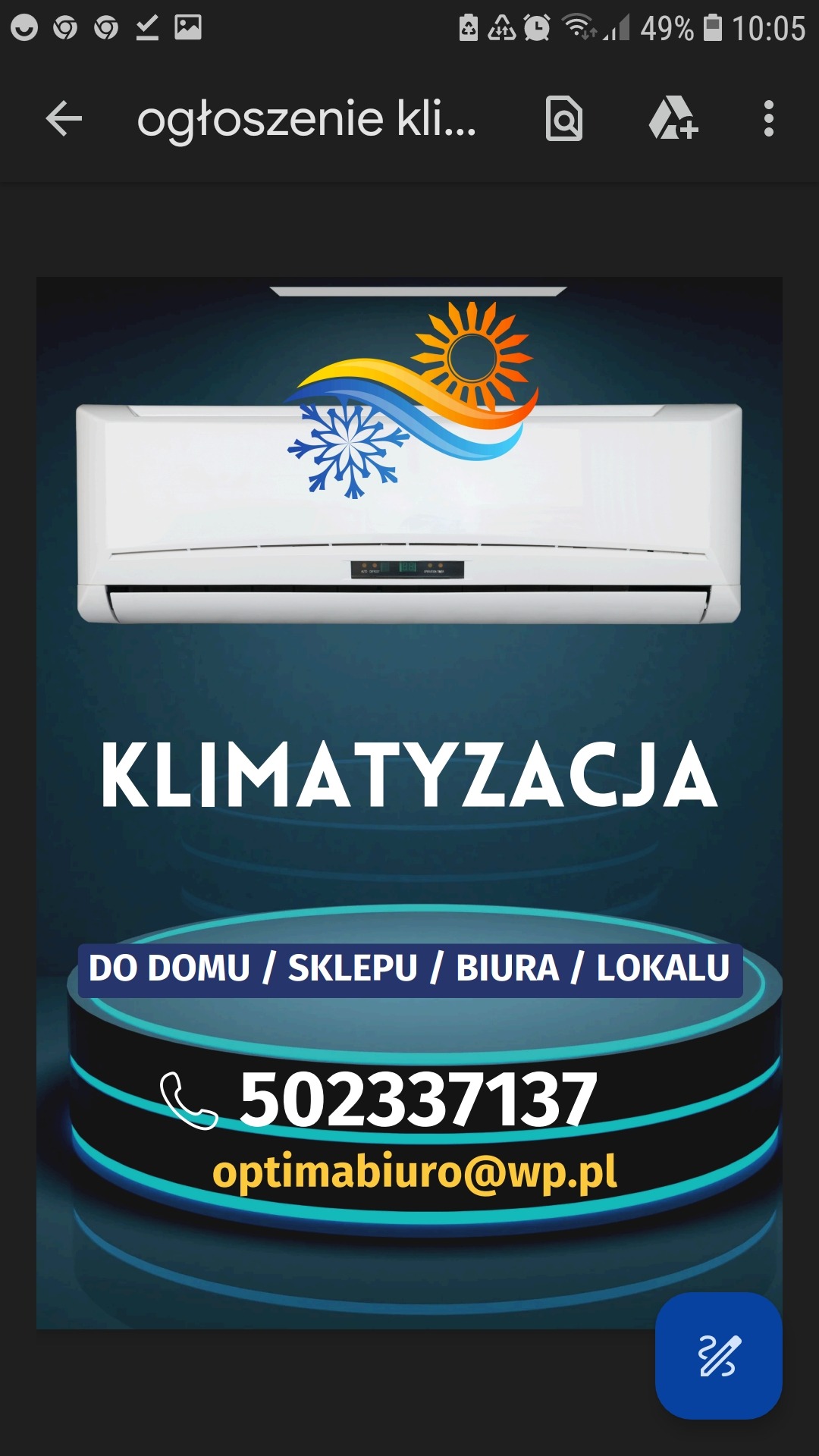 Grafika reklamowa klimatyzacji z symbolem słońca i płatka śniegu, tekstem 'KLIMATYZACJA DO DOMU / SKLEPU / BIURA / LOKALU', numerem telefonu i adresem e-mail na tle urządzenia.