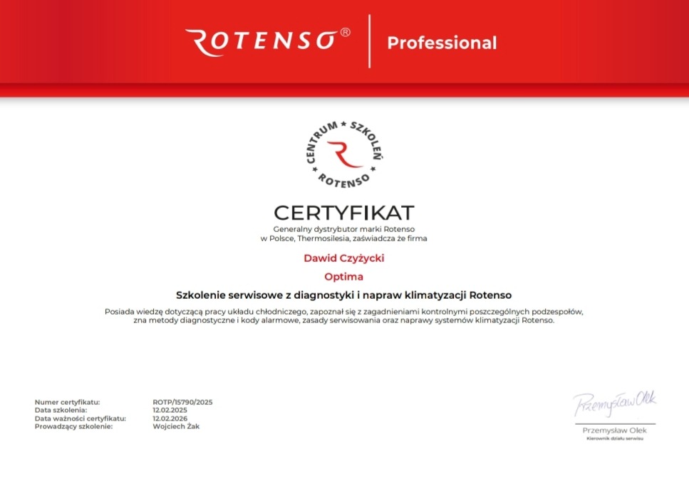 Certyfikat ukończenia szkolenia serwisowego z diagnostyki i naprawy klimatyzacji Rotenso, wystawiony dla Dawida Czyżyckiego przez Centrum Szkoleń Rotenso, sygnowany przez Przemysława Olka...