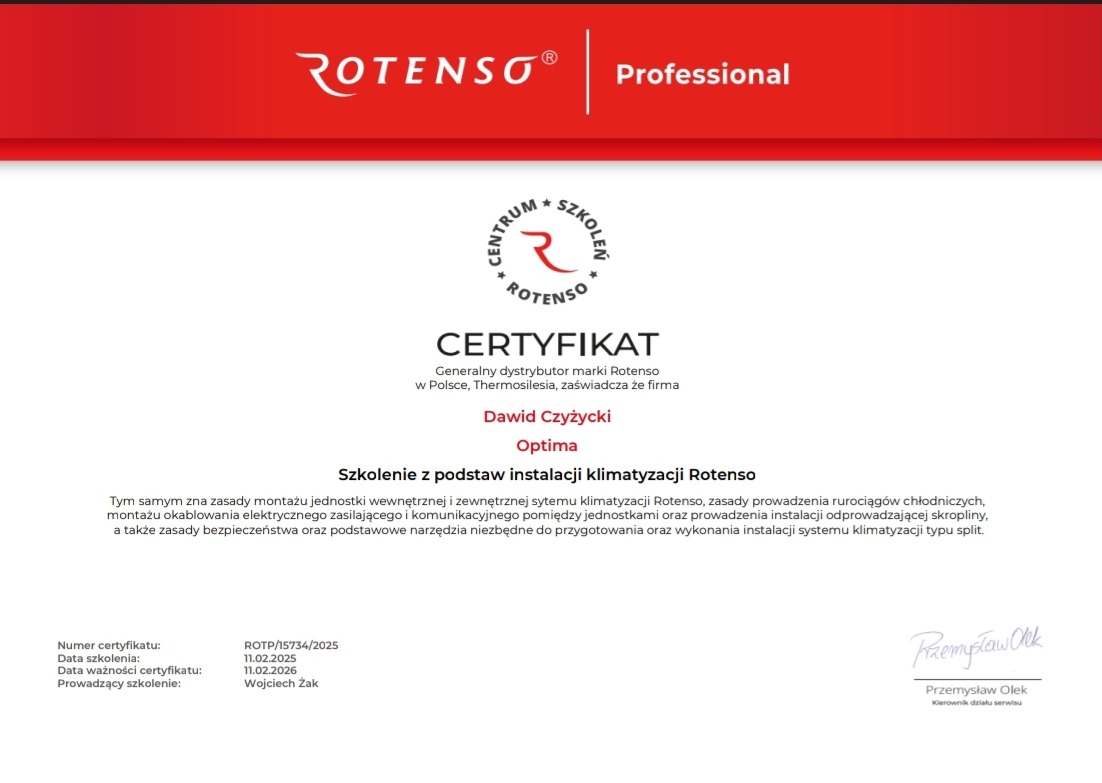 Certyfikat Rotenso potwierdzający szkolenie z podstaw instalacji klimatyzacji, z numerem certyfikatu, datą szkolenia i ważności, podpisany przez kierownika działu serwisu.