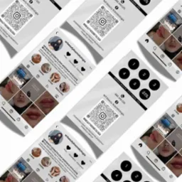 Układ wizytówek gabinetu kosmetycznego z kodem QR, informacjami o zniżkach i zrzutem ekranu profilu na Instagramie prezentującym efekty zabiegów na ustach.
