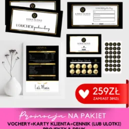 Zestaw materiałów promocyjnych dla salonu kosmetycznego: vouchery podarunkowe, cennik usług stylizacji rzęs, karty stałego klienta z naklejkami i informacja o promocji na pakiet, wszystko...