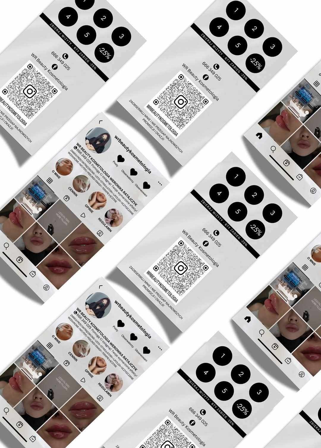 Układ wizytówek gabinetu kosmetycznego z kodem QR, informacjami o zniżkach i zrzutem ekranu profilu na Instagramie prezentującym efekty zabiegów na ustach.