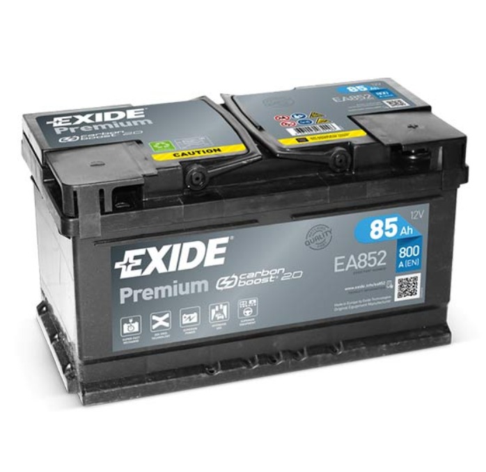 Akumulator samochodowy Exide Premium Carbon Boost 2.0, model EA852 o pojemności 85 Ah i prądzie rozruchowym 800 A(EN).