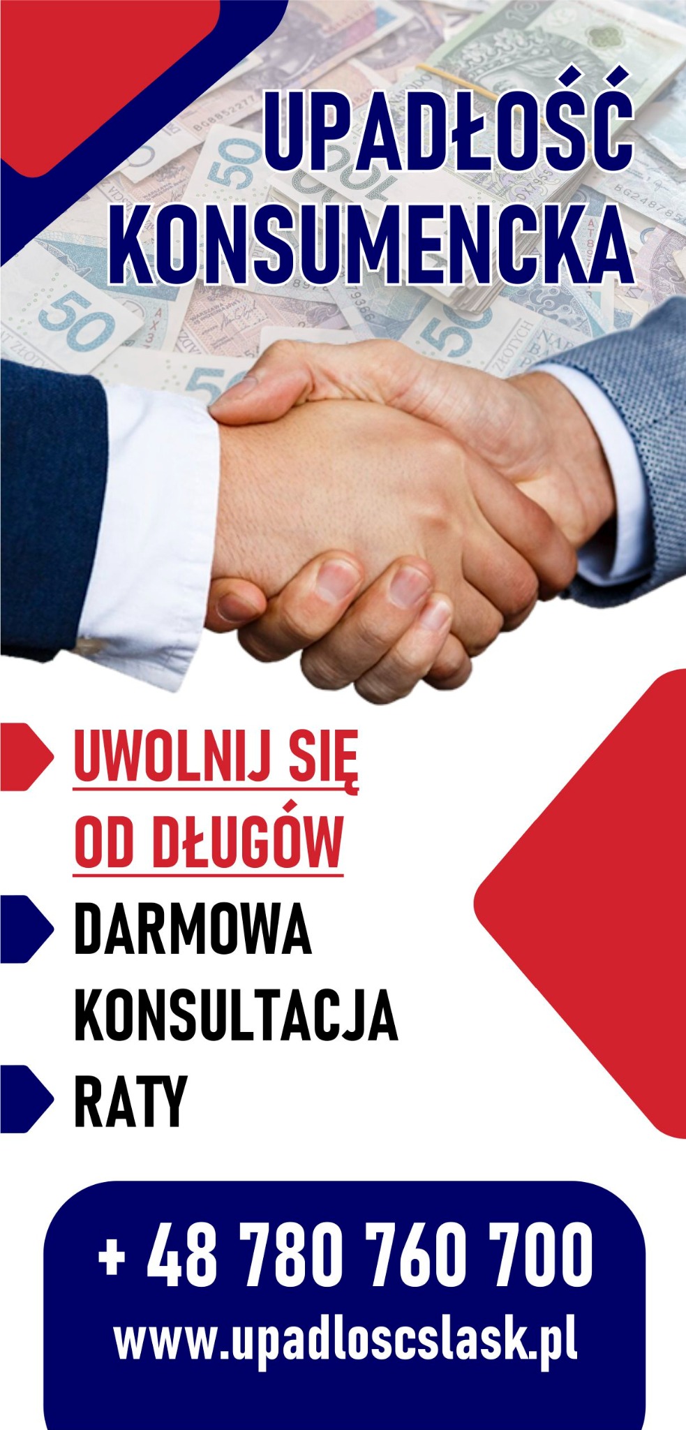 Uścisk dłoni na tle banknotów 50 zł, z elementami graficznymi i tekstem informującym o ofercie: uwolnienie od długów, darmowa konsultacja, raty oraz dane kontaktowe.