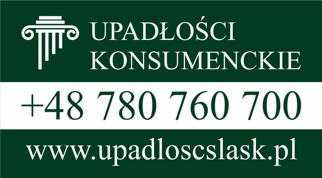 Grafika w odcieniach zieleni i bieli z kolumną symbolizującą prawo, tekstem 'Upadłości Konsumenckie', numerem telefonu i adresem strony internetowej upadloscsclask.pl.