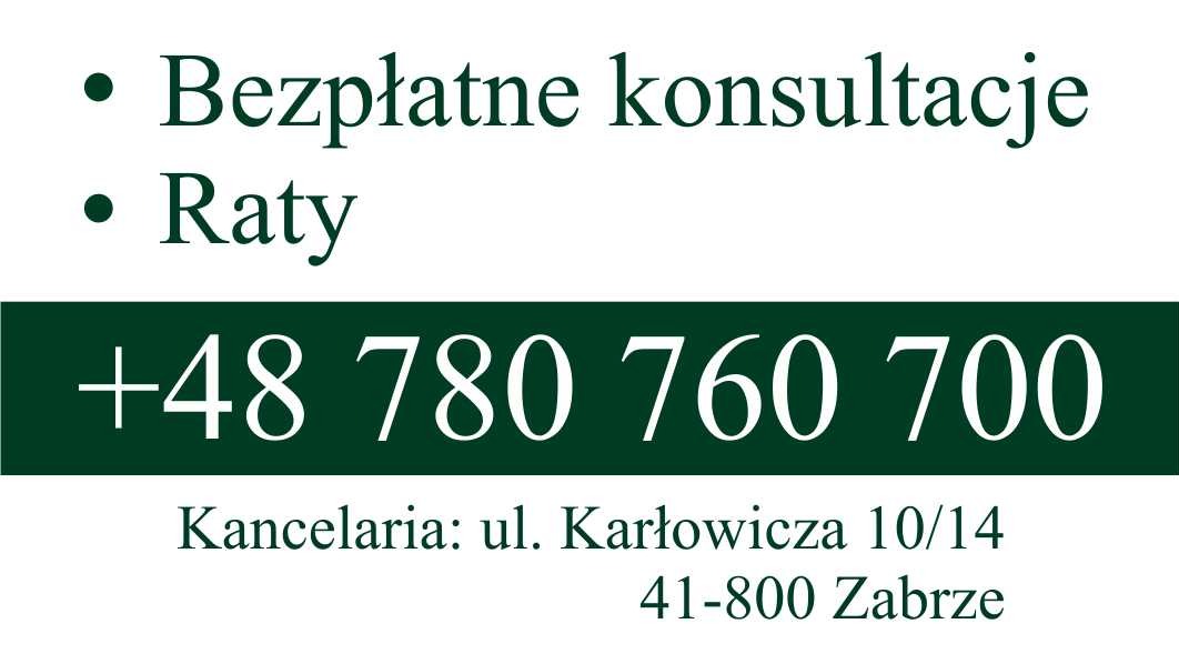 Informacja o bezpłatnych konsultacjach i możliwości płatności w ratach, numer telefonu kancelarii prawnej oraz adres w Zabrzu.