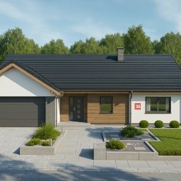 LAKU SPÓŁKA Z OGRANICZONĄ ODPOWIEDZIALNOŚCIĄ - Parterowy dom jednorodzinny z garażem, elewacją w kolorze bieli i drewna, ciemnoszarą dachówką i numerem domu 36, otoczony zielonym trawnikiem i ozdobnymi rabatami.
