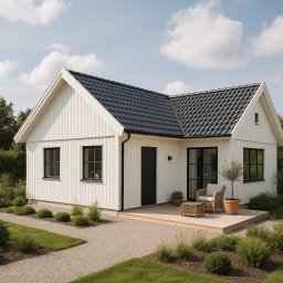 LAKU SPÓŁKA Z OGRANICZONĄ ODPOWIEDZIALNOŚCIĄ - Biały dom jednorodzinny z czarnym dachem w stylu skandynawskim, z drewnianym tarasem i minimalistycznym umeblowaniem.