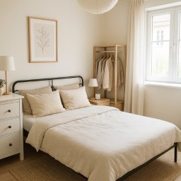 LAKU SPÓŁKA Z OGRANICZONĄ ODPOWIEDZIALNOŚCIĄ - Jasna sypialnia w stylu skandynawskim z łóżkiem na czarnej ramie, beżową pościelą, białymi meblami i okrągłą lampą papierową, uzupełniona minimalistycznym plakatem z motywem roślinnym