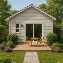 LAKU SPÓŁKA Z OGRANICZONĄ ODPOWIEDZIALNOŚCIĄ - Niewielki, parterowy dom z jasną elewacją, drewnianym tarasem i brukowaną ścieżką prowadzącą przez zadbany ogród.