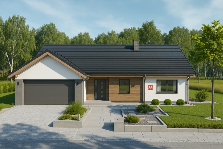Parterowy dom jednorodzinny z garażem, elewacją w kolorze bieli i drewna, ciemnoszarą dachówką i numerem domu 36, otoczony zielonym trawnikiem i ozdobnymi rabatami.