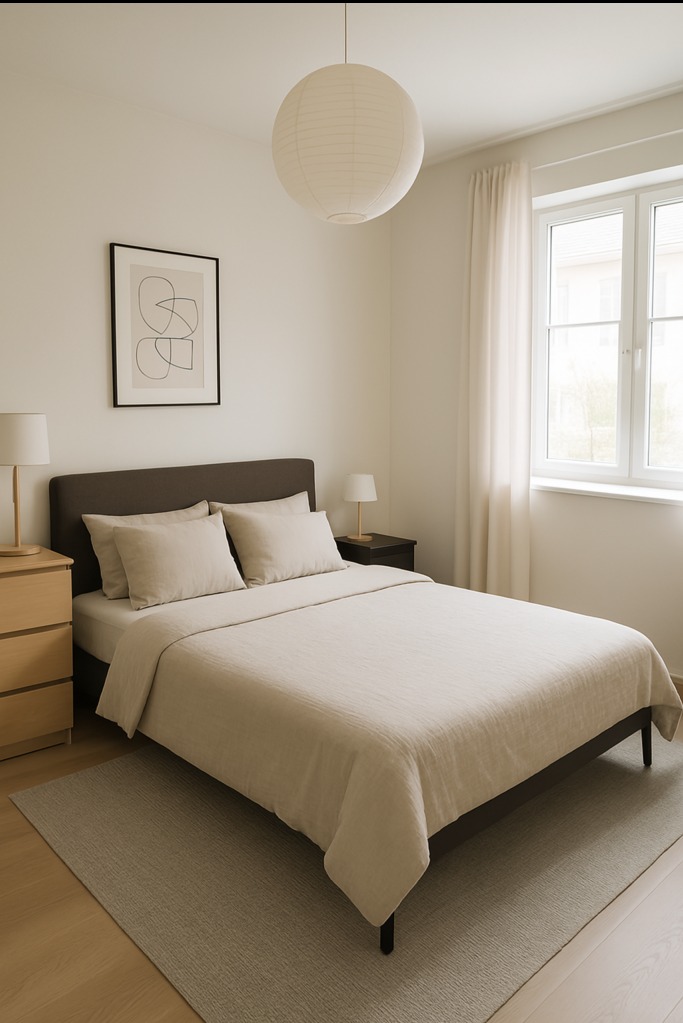 Jasna sypialnia z łóżkiem z szarym zagłówkiem, beżową pościelą i okrągłą lampą w stylu japońskim, uzupełniona o minimalistyczny obraz na ścianie i drewnianą komodę.