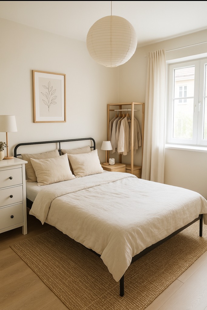 Jasna sypialnia w stylu skandynawskim z łóżkiem na czarnej ramie, beżową pościelą, białymi meblami i okrągłą lampą papierową, uzupełniona minimalistycznym plakatem z motywem roślinnym