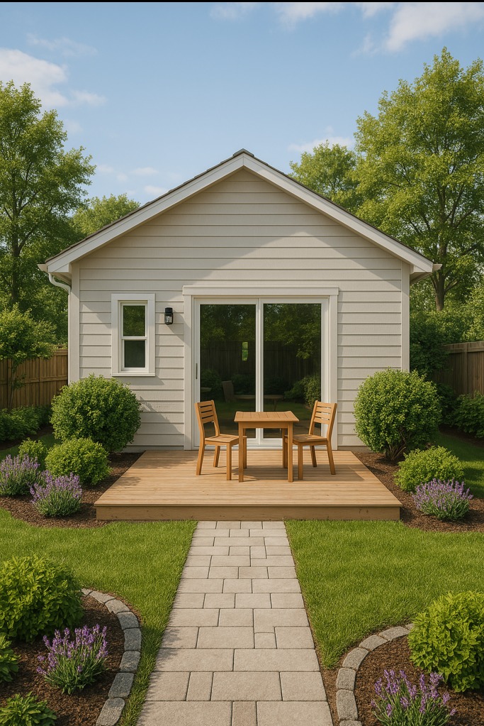 Niewielki, parterowy dom z jasną elewacją, drewnianym tarasem i brukowaną ścieżką prowadzącą przez zadbany ogród.