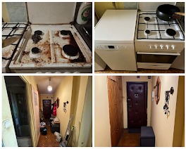 Kolaż: brudna kuchenka gazowa, sprzęty AGD, korytarz zagracony i posprzątany. Ukazuje stan przed i po sprzątaniu mieszkania, z naciskiem na trudne zabrudzenia.