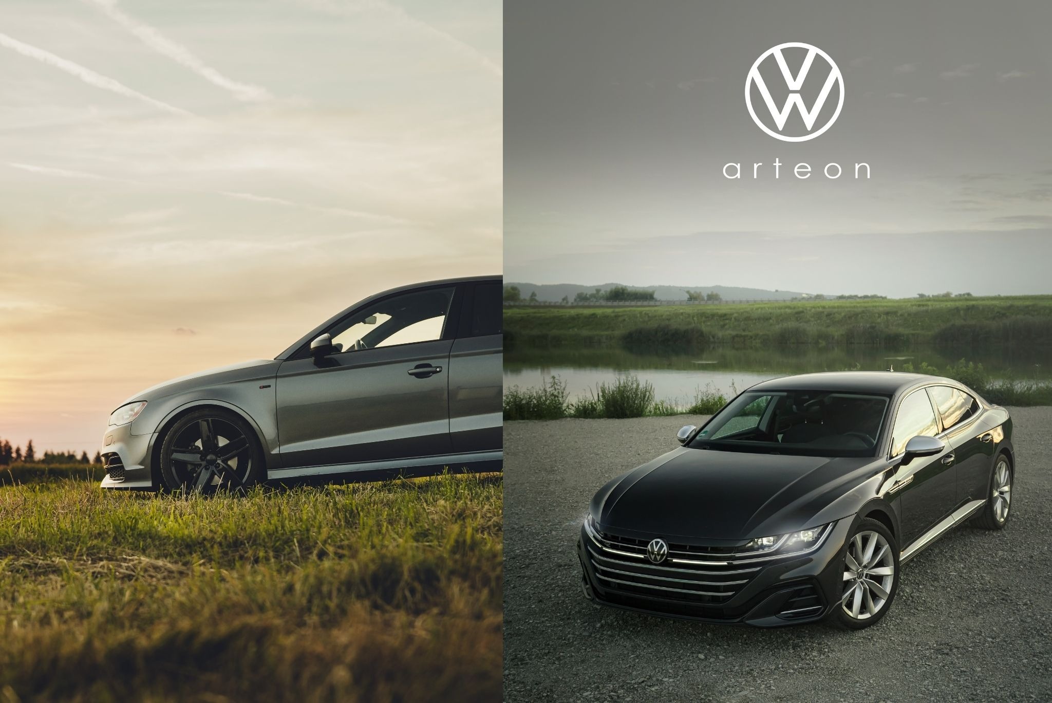 Dwa auta: szare Audi na trawie o zmierzchu i czarny VW Arteon nad jeziorem. Logo VW Arteon w górnej części zdjęcia. Profesjonalna sesja, detale karoserii.