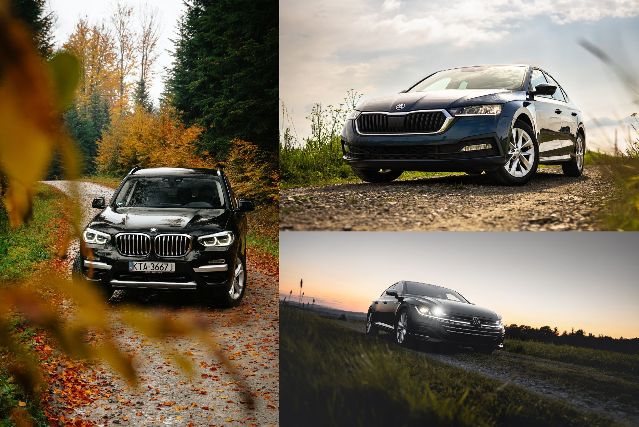 Kolaż: czarny BMW X3 na leśnej drodze jesienią, granatowa Skoda Octavia na polnej drodze, czarny Volkswagen Arteon na tle zachodzącego słońca. Profesjonalna fotografia.