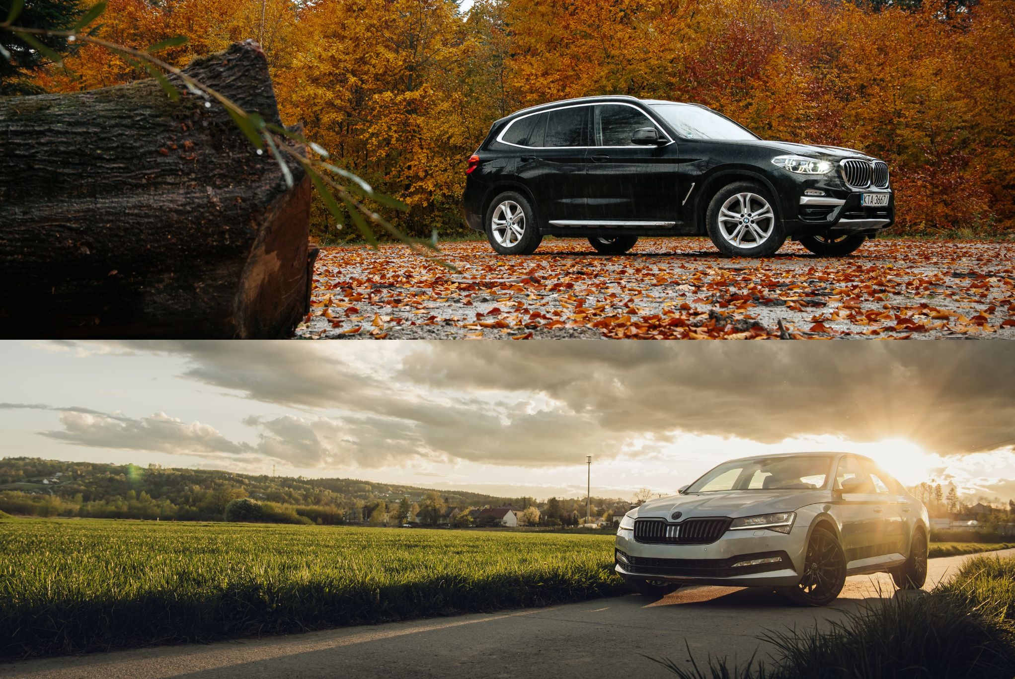 Dwa auta: czarne BMW X3 na tle jesiennego lasu i srebrna Skoda Superb na tle zielonego pola o zachodzie słońca. Ujęcia z niskiej perspektywy, podkreślające sylwetki.