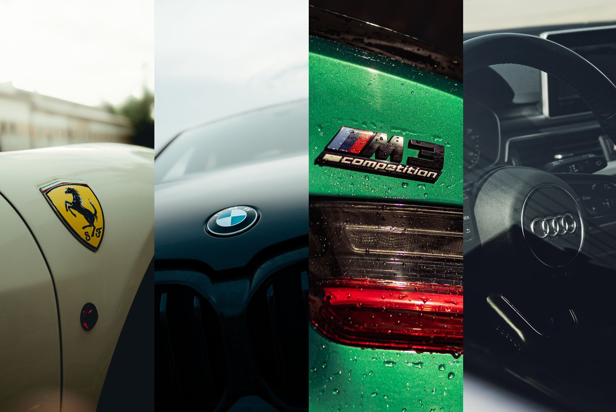 Kolaż czterech zbliżeń na detale aut: Ferrari, BMW M3 Competition, Audi. Precyzyjne ujęcia w Dąbrówce Tuchowskiej podkreślają luksus i dbałość o detale.