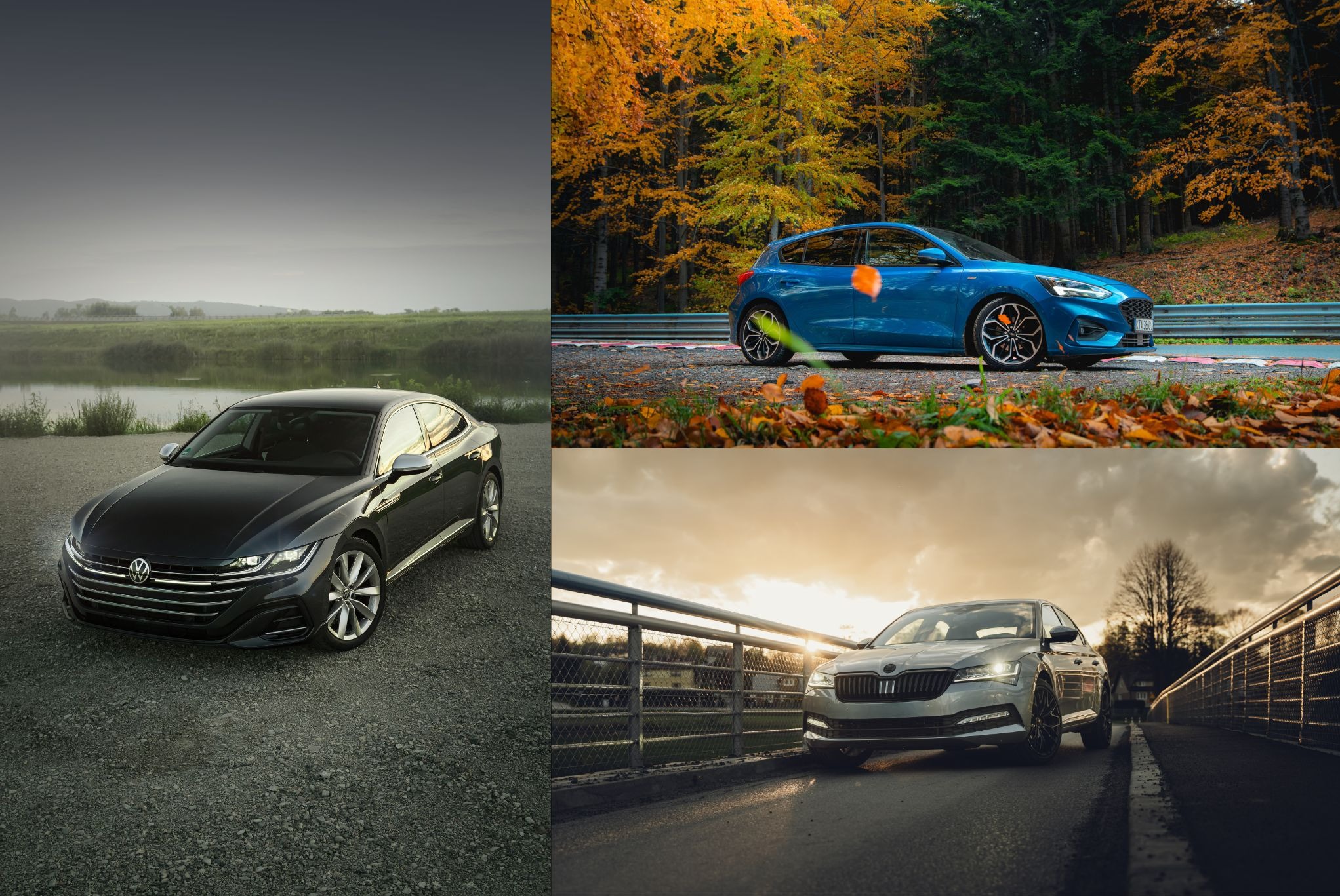 Kolaż: czarny sedan VW nad jeziorem, niebieski Ford Focus jesienią, srebrna Skoda Superb na moście o zachodzie słońca. Różne scenerie i pory roku.