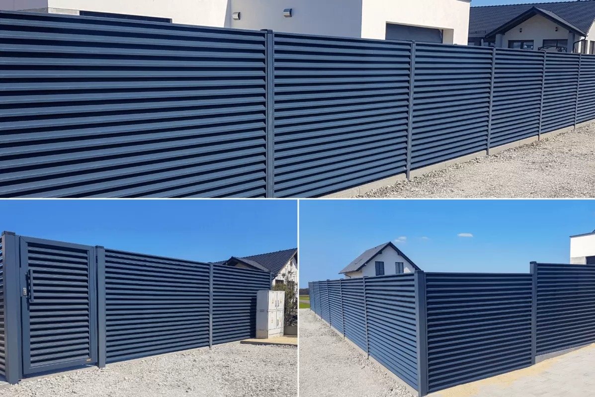 Nowoczesne, poziome ogrodzenie z metalowych paneli w kolorze grafitowym, widok z różnych perspektyw, z bramą wjazdową, na tle domów jednorodzinnych w słoneczny dzień.