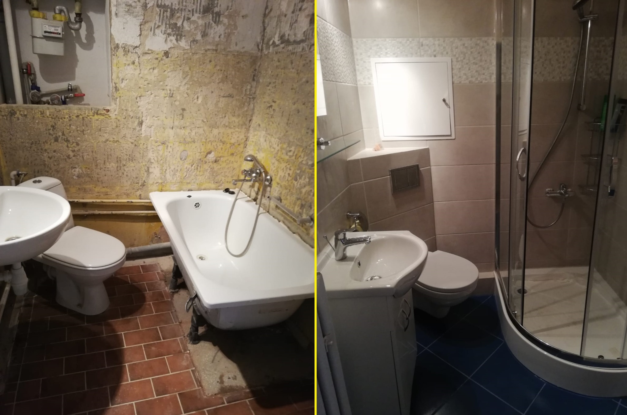 Porównanie stanu łazienki przed i po remoncie: po lewej stara, zniszczona łazienka z odpadającym tynkiem i brązową terakotą, po prawej odnowiona łazienka z beżowymi płytkami, niebieską podłogą...