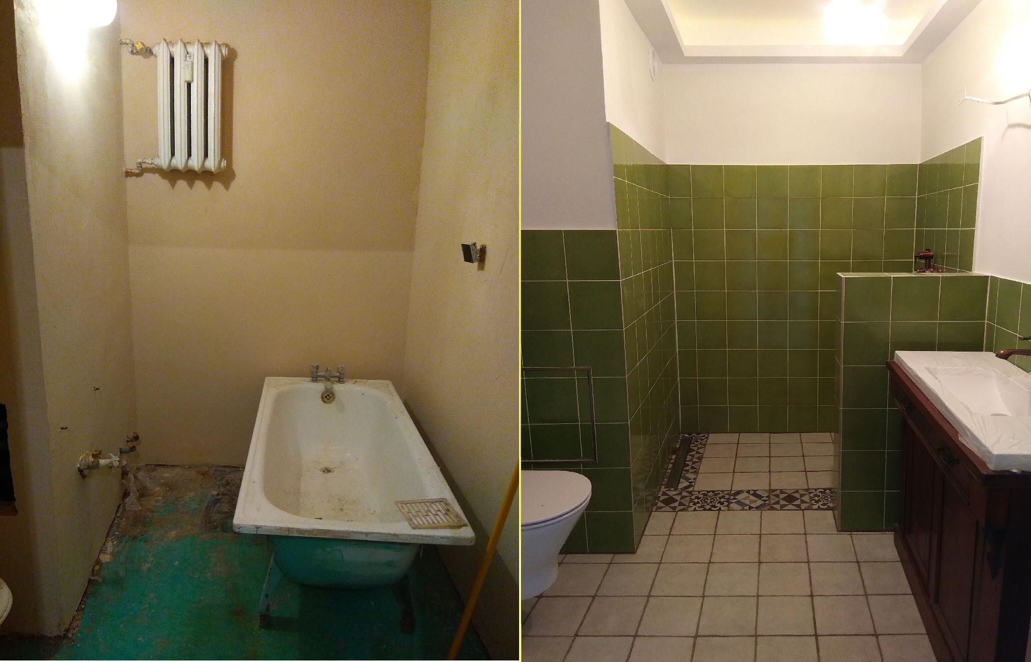Porównanie stanu łazienki przed i po remoncie: stara wanna, grzejnik i gołe ściany kontra nowe zielone płytki, toaleta i umywalka z szafką.