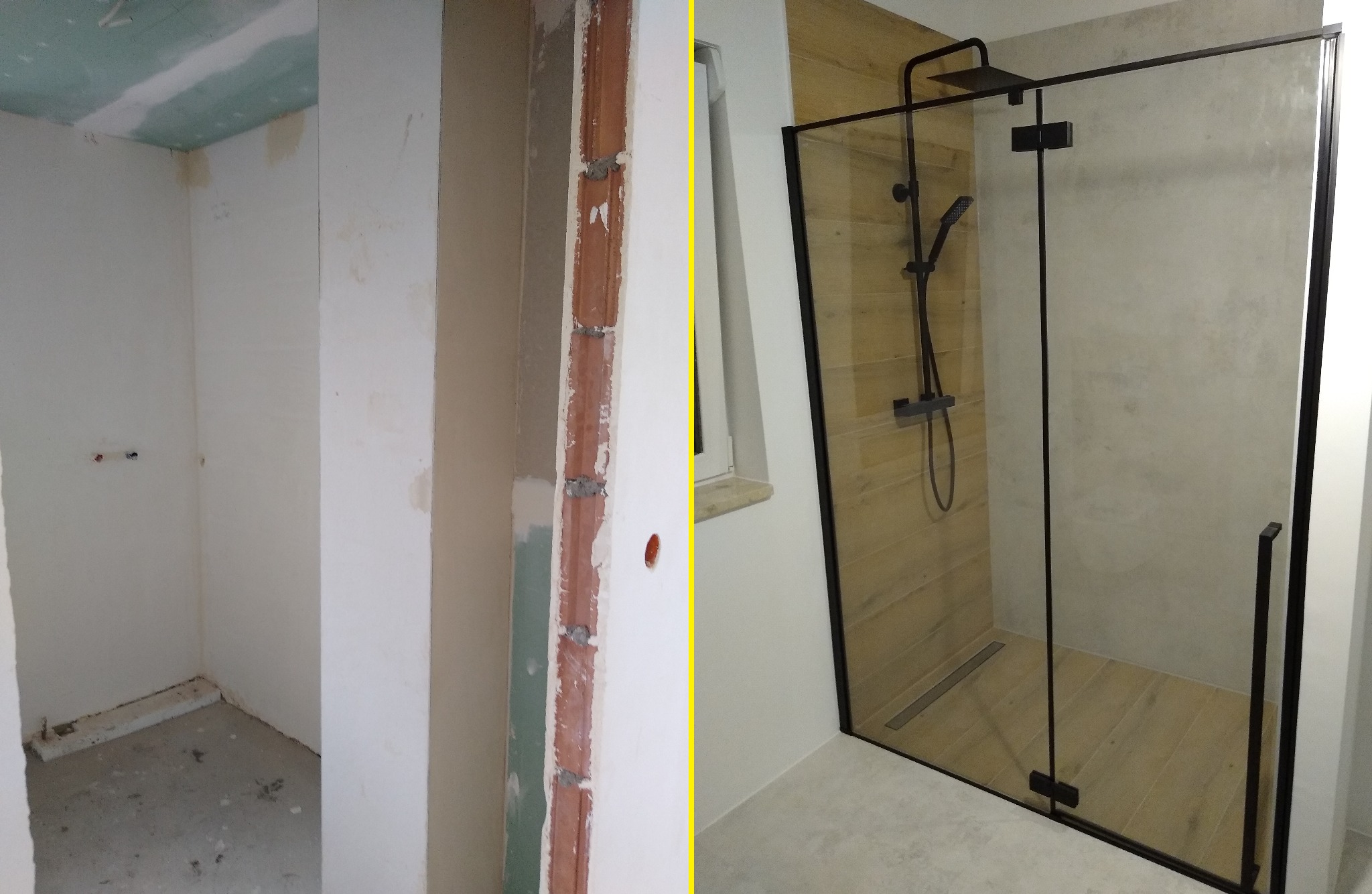 Łazienka w trakcie remontu: surowy stan z widocznymi instalacjami po lewej stronie i kabina prysznicowa z czarnymi elementami po prawej, oddzielone pionową żółtą linią.
