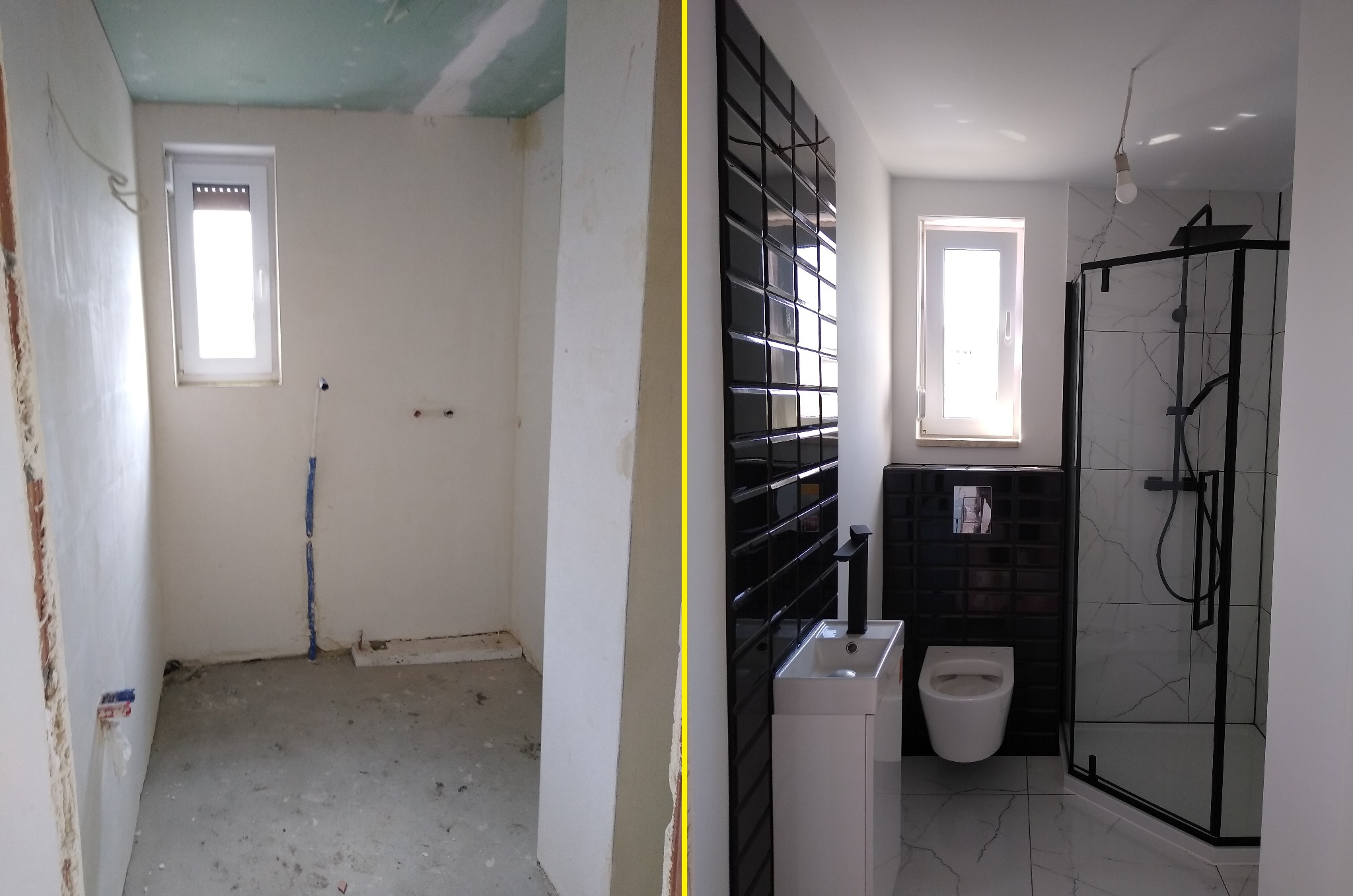 Porównanie łazienki przed i po remoncie: surowy stan z widocznymi instalacjami kontra nowoczesne wykończenie z czarnymi płytkami, białą armaturą i kabiną prysznicową typu walk-in z marmurkowym tłem.